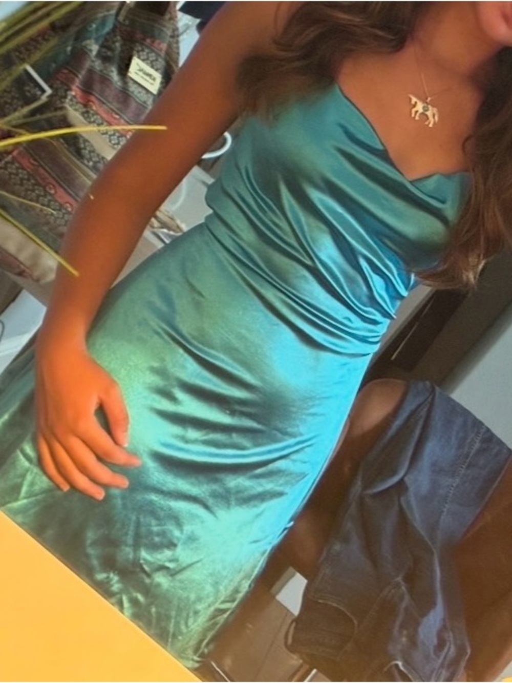 Teal Satin Spaghetti Strap Tie-Waist Dress
